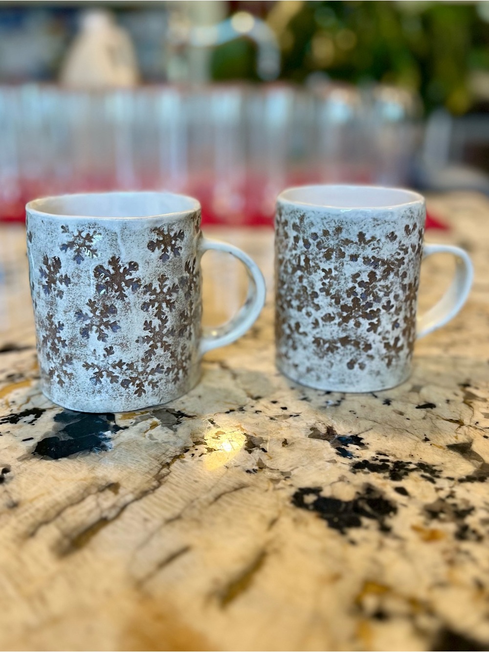 2 Unique OOAK Artist-made Ceramic Snowflake Pattern Mugs, Brown & White Glaze